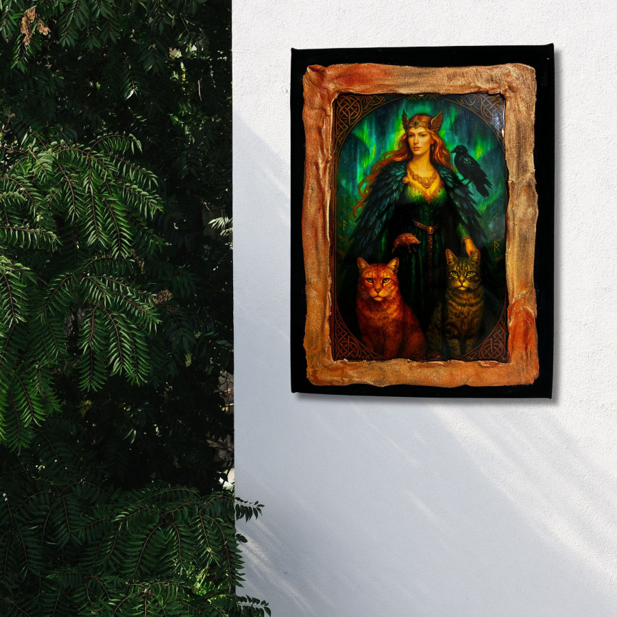 Cuadro de Freya diosa nórdica con gatos decorado a mano colgado en pared