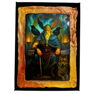 Cuadro de Odín dios nórdico con cuervos y lobos en trono vikingo