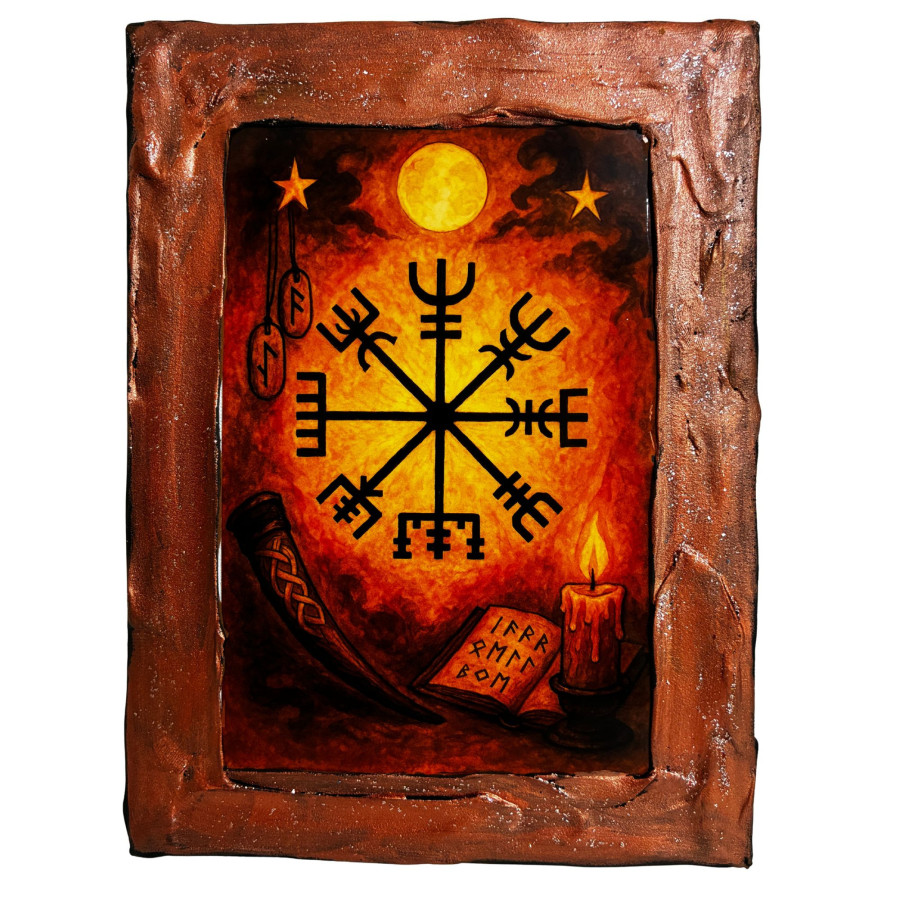 Cuadro altar vikingo con símbolo Vegvísir, runas y vela en lienzo decorado a mano