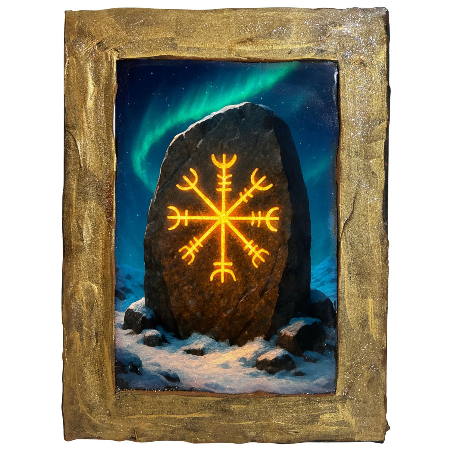 Cuadro piedra rúnica con símbolo Vegvísir iluminado en paisaje nórdico nevado
