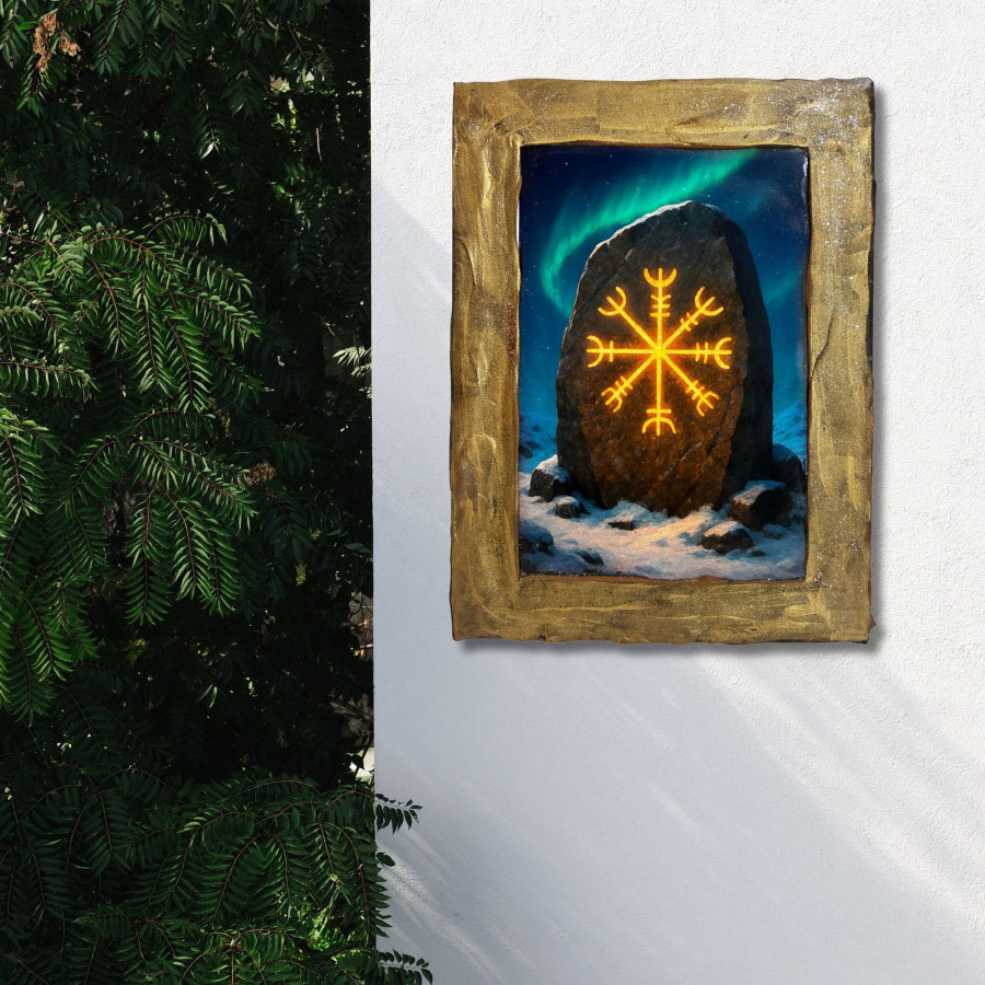 Cuadro piedra rúnica con Vegvísir decorado a mano colgado en pared