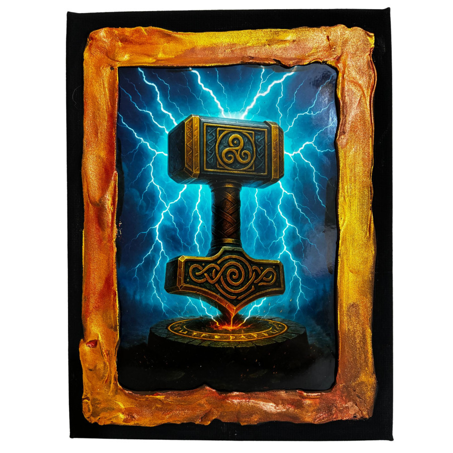 Cuadro martillo de Thor Mjölnir con relámpagos en estilo mitología nórdica