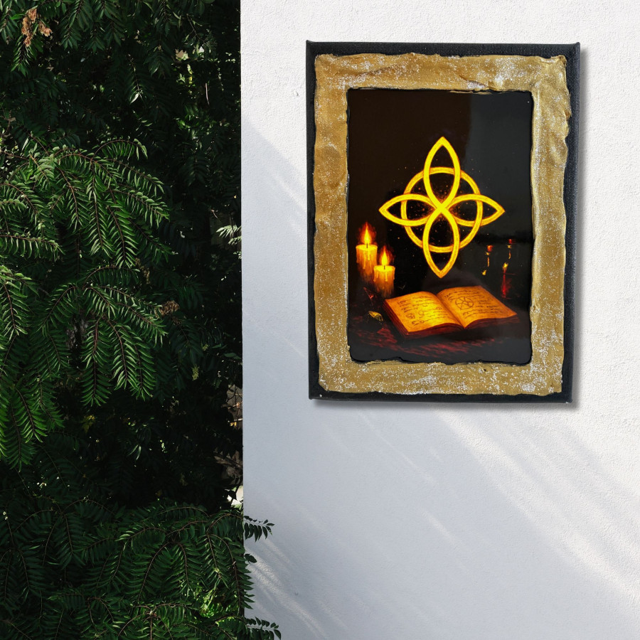 Cuadro nudo de bruja decorado a mano colgado en pared