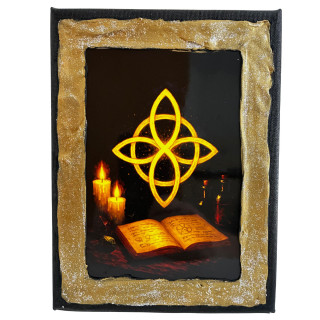 Cuadro nudo de bruja símbolo mágico luminoso sobre altar con velas y libro de hechizos