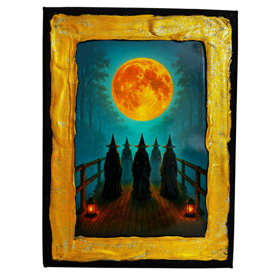 Cuadro de brujas bajo la luna llena en escena mágica nocturna sobre pasarela de madera