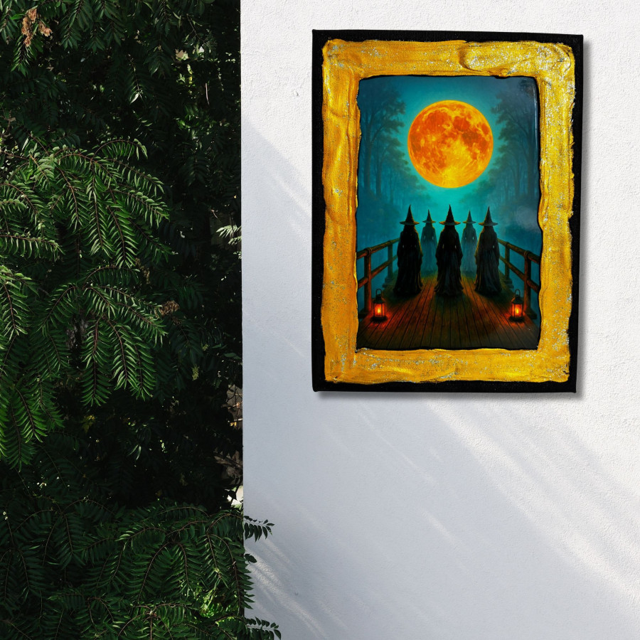 Cuadro brujas bajo la luna llena decorado a mano colgado en pared