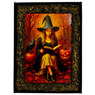 Cuadro bruja leyendo libro mágico en bosque de otoño con cuervo y calabazas
