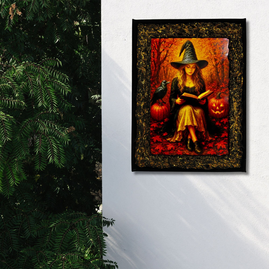 Cuadro bruja lectora en bosque de otoño decorado a mano colgado en pared