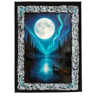 Cuadro luna llena sobre lago nocturno con bosque y reflejo en el agua