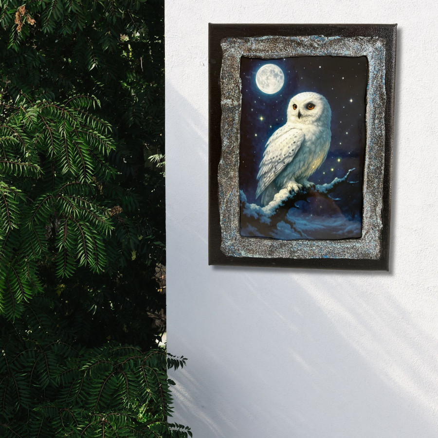 Cuadro búho blanco bajo la luna decorado a mano colgado en pared