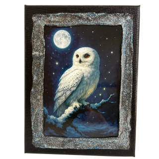 Cuadro búho blanco bajo la luna en cielo nocturno estrellado