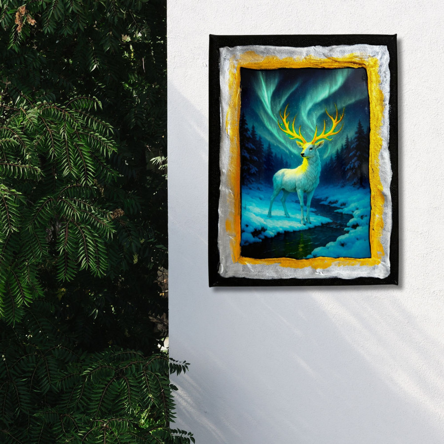 Cuadro ciervo blanco bajo aurora boreal decorado a mano colgado en pared