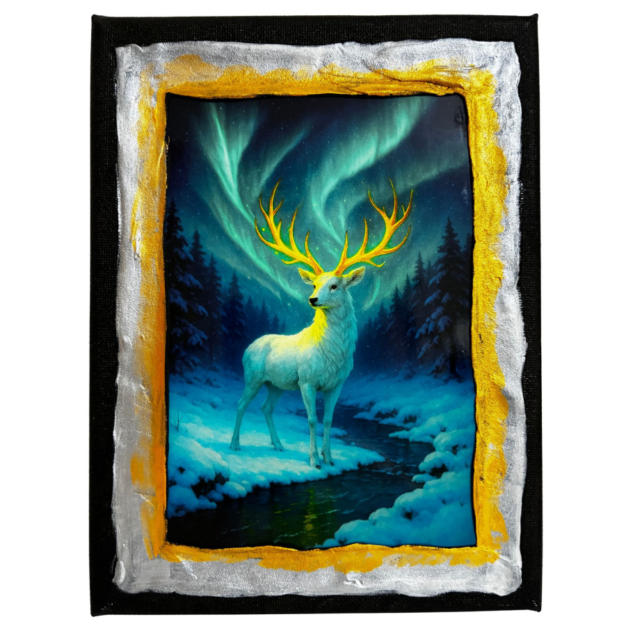 Cuadro ciervo blanco bajo aurora boreal en paisaje nevado nocturno