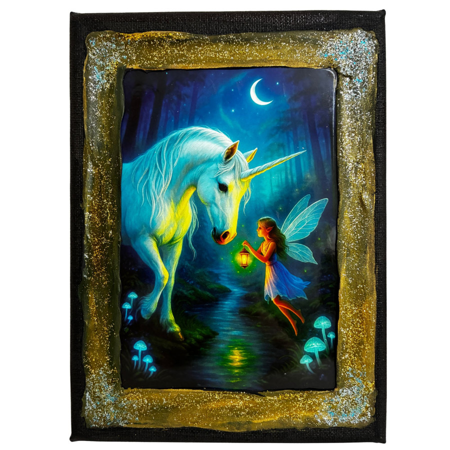 Cuadro unicornio blanco con hada en bosque mágico nocturno