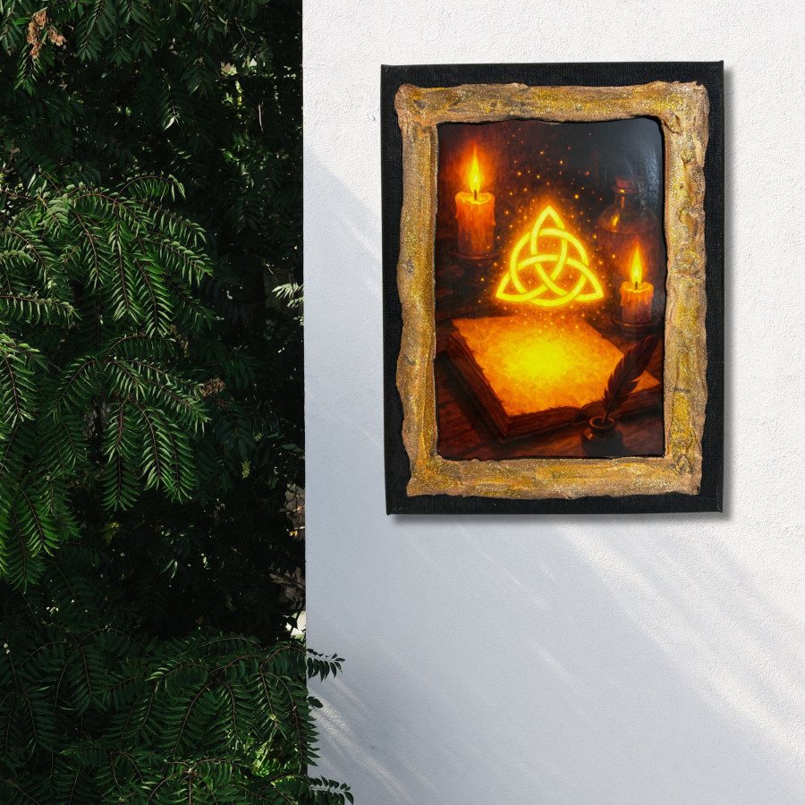 Cuadro triqueta celta con velas decorado a mano colgado en pared