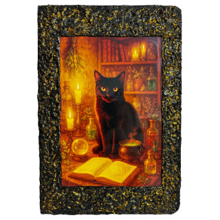 Libreta Gato Negro Mágico con ilustración esotérica de gato negro, velas, libro y pociones