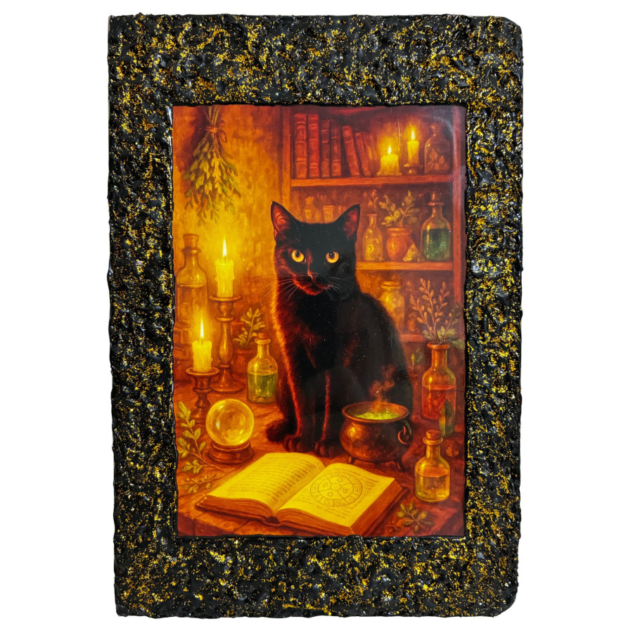 Libreta Gato Negro Mágico con ilustración esotérica de gato negro, velas, libro y pociones