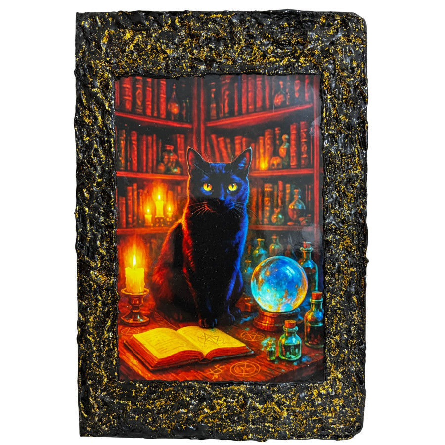 Libreta Gato Negro y Esfera Mágica con ilustración de gato negro, velas, esfera azul y libro de hechizos