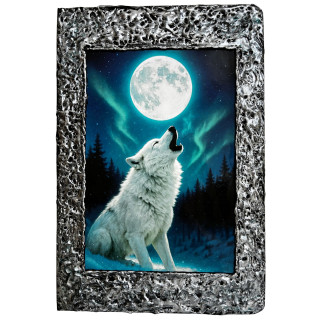 Libreta Lobo Blanco y Luna Llena con ilustración de lobo blanco aullando bajo la luna en bosque nocturno