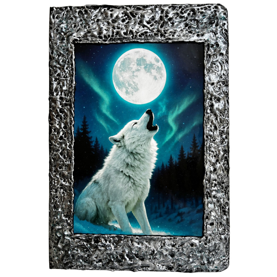 Libreta Lobo Blanco y Luna Llena con ilustración de lobo blanco aullando bajo la luna en bosque nocturno