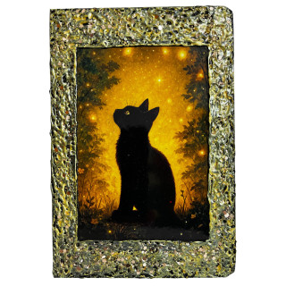 Libreta Gato Negro entre Luces Doradas con ilustración de gato negro en bosque iluminado por destellos dorados