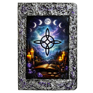 Libreta Nudo de Bruja y Fases Lunares con símbolo mágico, velas, cristales y altar esotérico