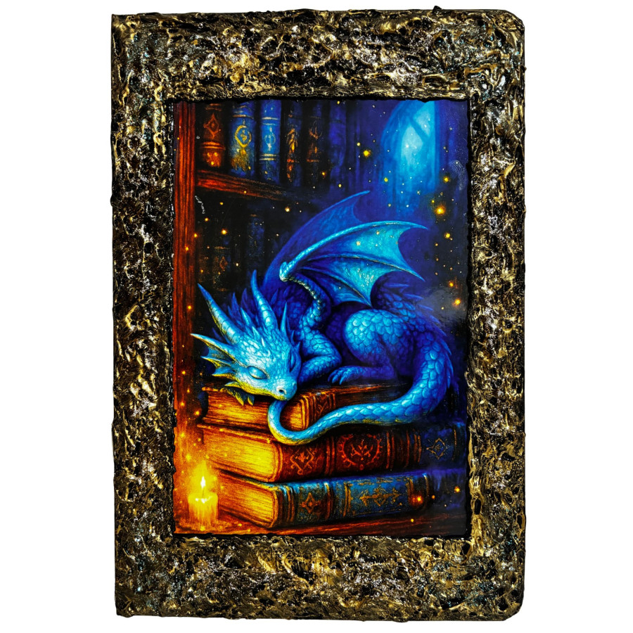 Libreta Dragón Azul entre Libros Mágicos con ilustración de pequeño dragón azul descansando sobre libros antiguos