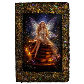 Libreta con ilustración de hada luminosa sentada sobre libros antiguos rodeada de velas y cristales