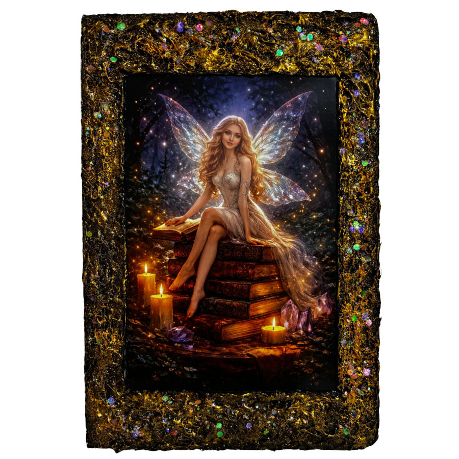 Libreta con ilustración de hada luminosa sentada sobre libros antiguos rodeada de velas y cristales