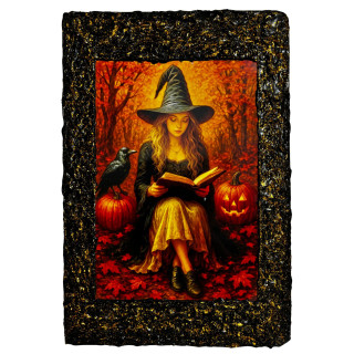 Libreta Bruja Lectora de Otoño con ilustración de bruja leyendo entre hojas rojas, cuervo y calabazas