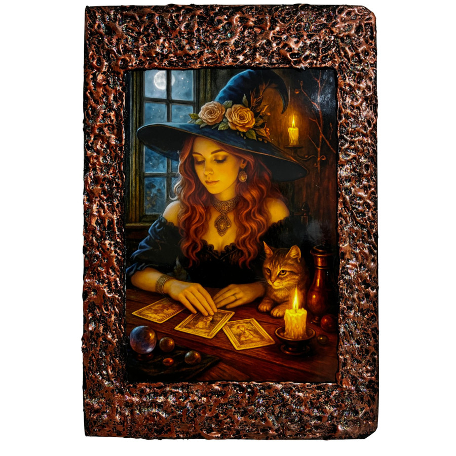 Libreta Bruja del Tarot con Gato con ilustración de bruja leyendo cartas junto a un gato y velas