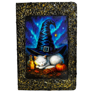 Libreta Gato Blanco con Sombrero de Bruja con ilustración de gato blanco dormido bajo un gran sombrero mágico
