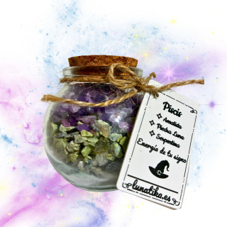 Tarrito de minerales para Piscis con amatista, piedra luna y serpentina