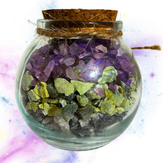 Detalle interior tarrito Piscis minerales amatista piedra luna serpentina