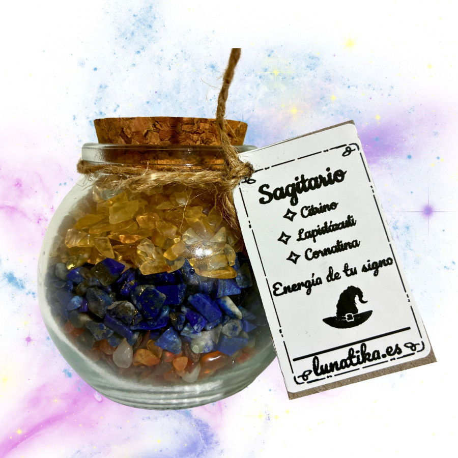 Detalle interior tarrito Sagitario minerales citrino lapislázuli cornalina