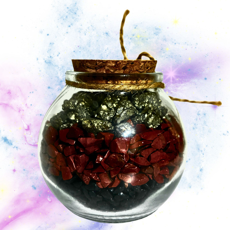 Detalle interior tarrito Capricornio minerales turmalina negra jaspe rojo pirita