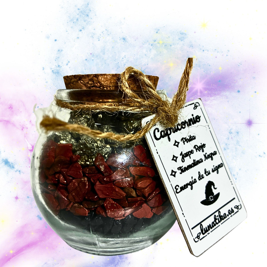 Tarrito de minerales para Capricornio con turmalina negra jaspe rojo y pirita