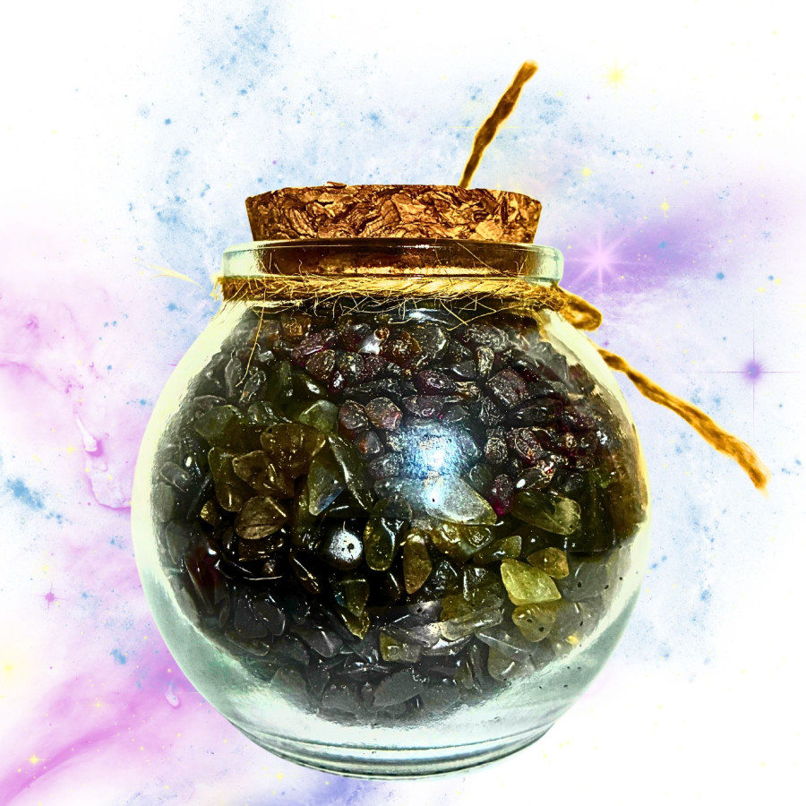 Detalle interior tarrito Escorpio minerales obsidiana granate labradorita