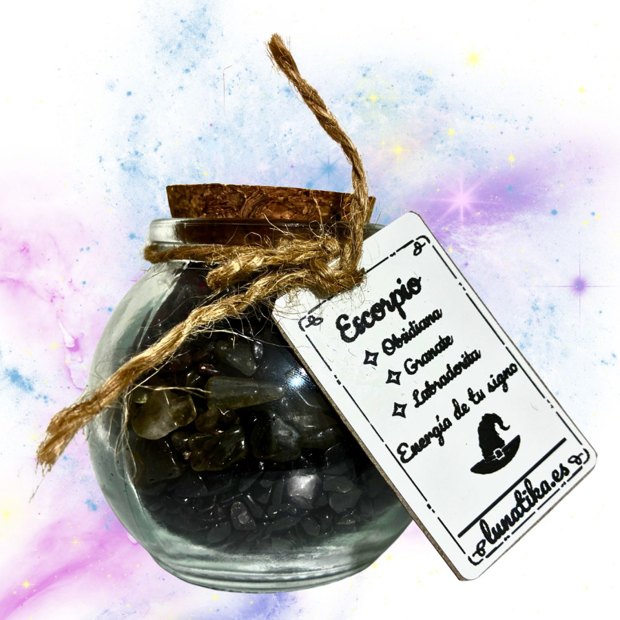 Tarrito de minerales para Escorpio con obsidiana granate y labradorita