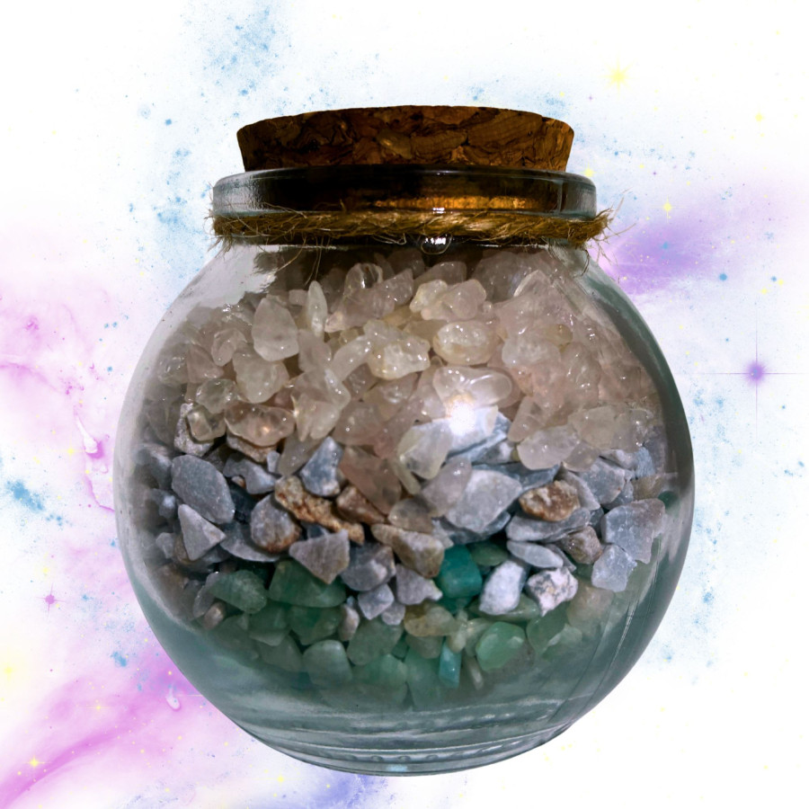 Detalle interior tarrito Libra minerales cuarzo rosa amazonita calcedonia