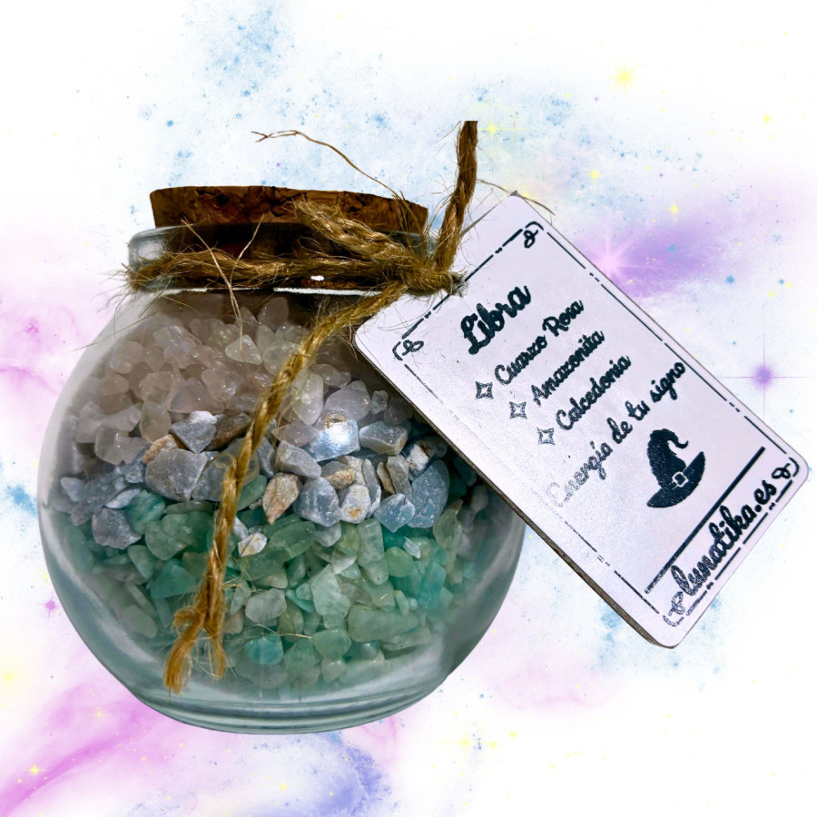 Tarrito de minerales para Libra con cuarzo rosa amazonita y calcedonia