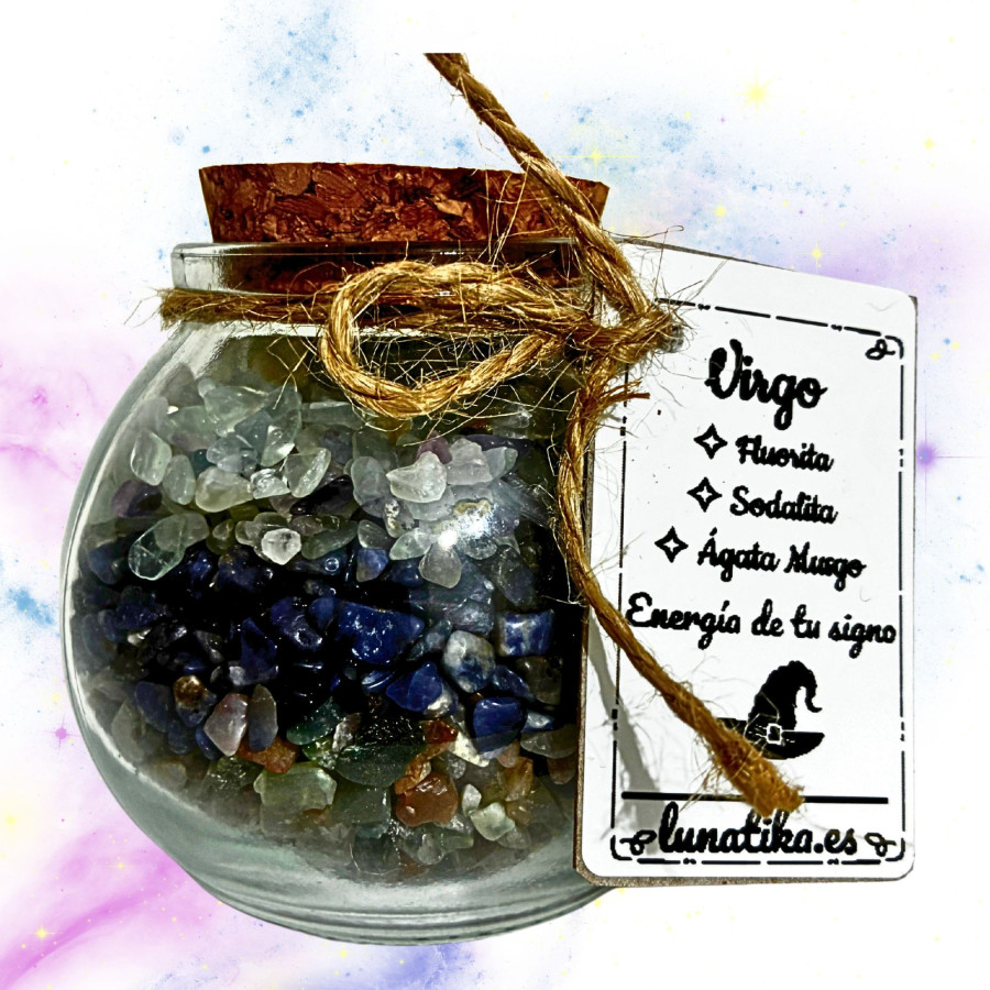 Tarrito de minerales para Virgo con fluorita sodalita y ágata musgo