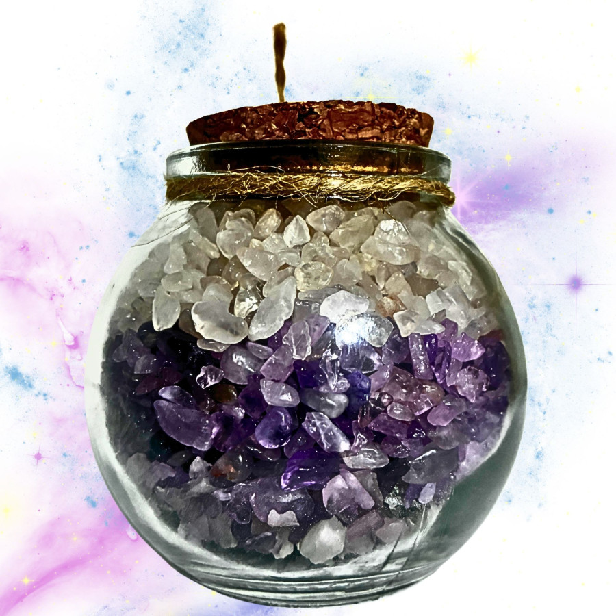 Detalle interior tarrito Cáncer minerales piedra luna amatista cuarzo rosa