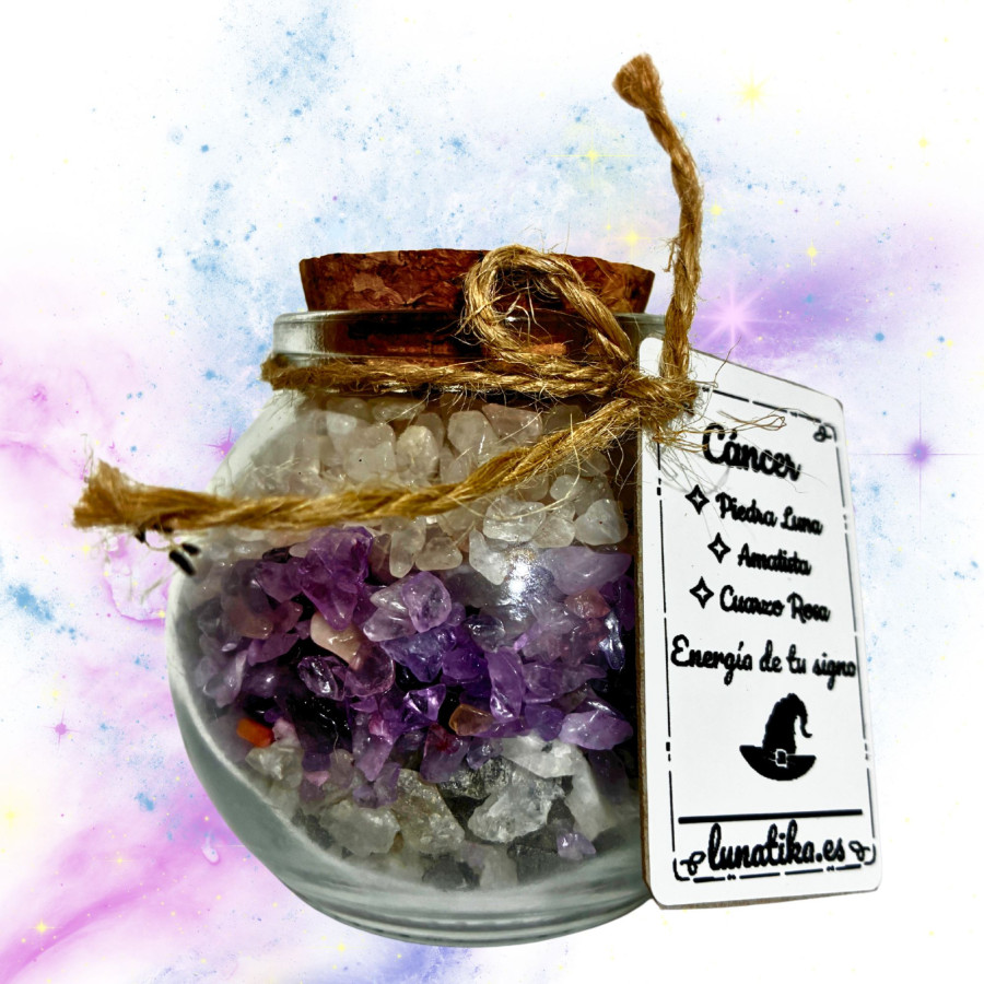 Tarrito de minerales para Cáncer con piedra luna amatista y cuarzo rosa