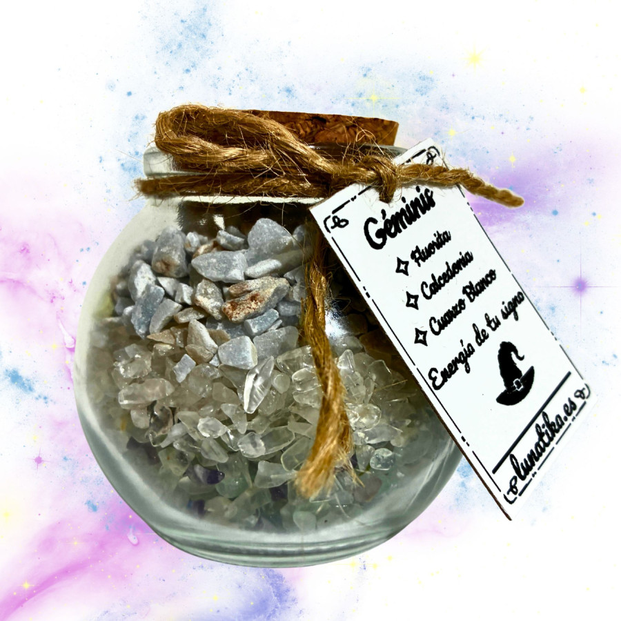 Tarrito de minerales para Géminis con fluorita calcedonia y cuarzo blanco