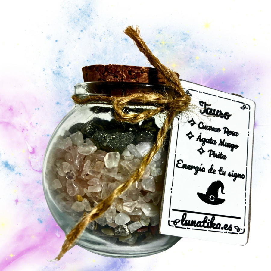 Tarrito de minerales para Tauro con cuarzo rosa ágata musgo y pirita
