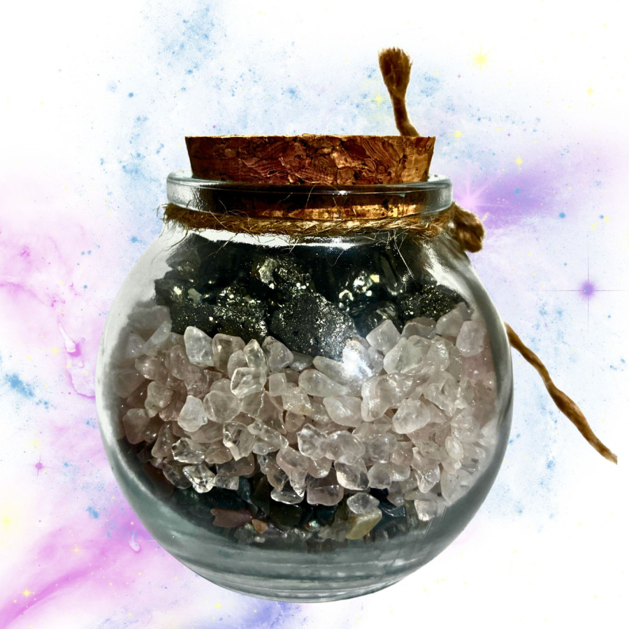 Detalle interior tarrito Tauro minerales cuarzo rosa ágata musgo pirita