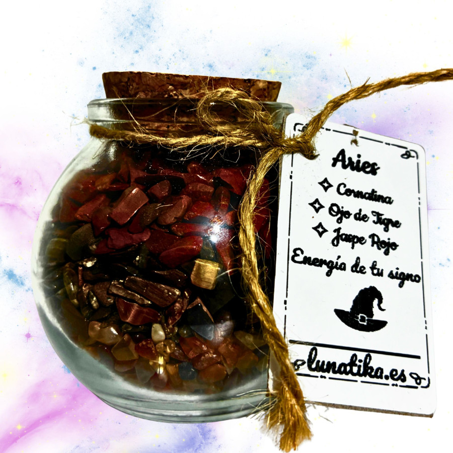 Tarrito de minerales para Aries con cornalina ojo de tigre y jaspe rojo