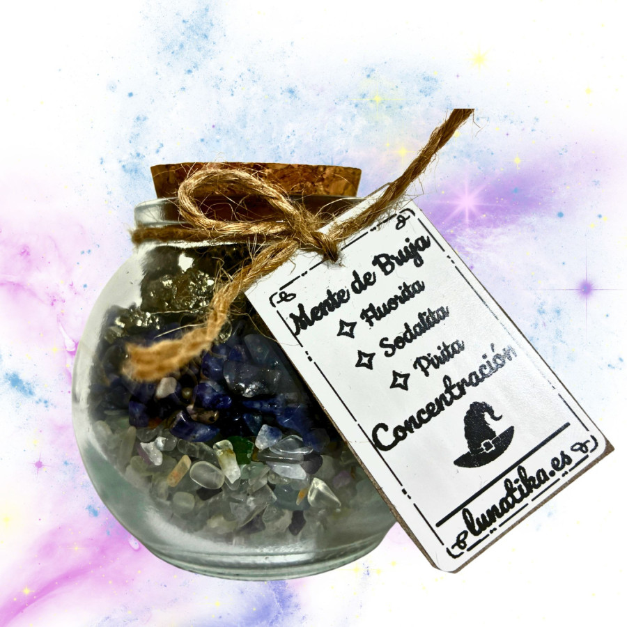 Tarrito de minerales Mente de Bruja con fluorita sodalita y pirita