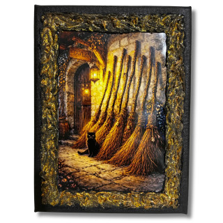 Cuadro aparcamiento de escobas de bruja en lienzo decorado a mano Lunátika